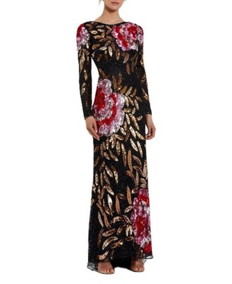Mac Duggal Floral Patter Sequin Long Sleeve Dress Women's 10 Black Multicolor